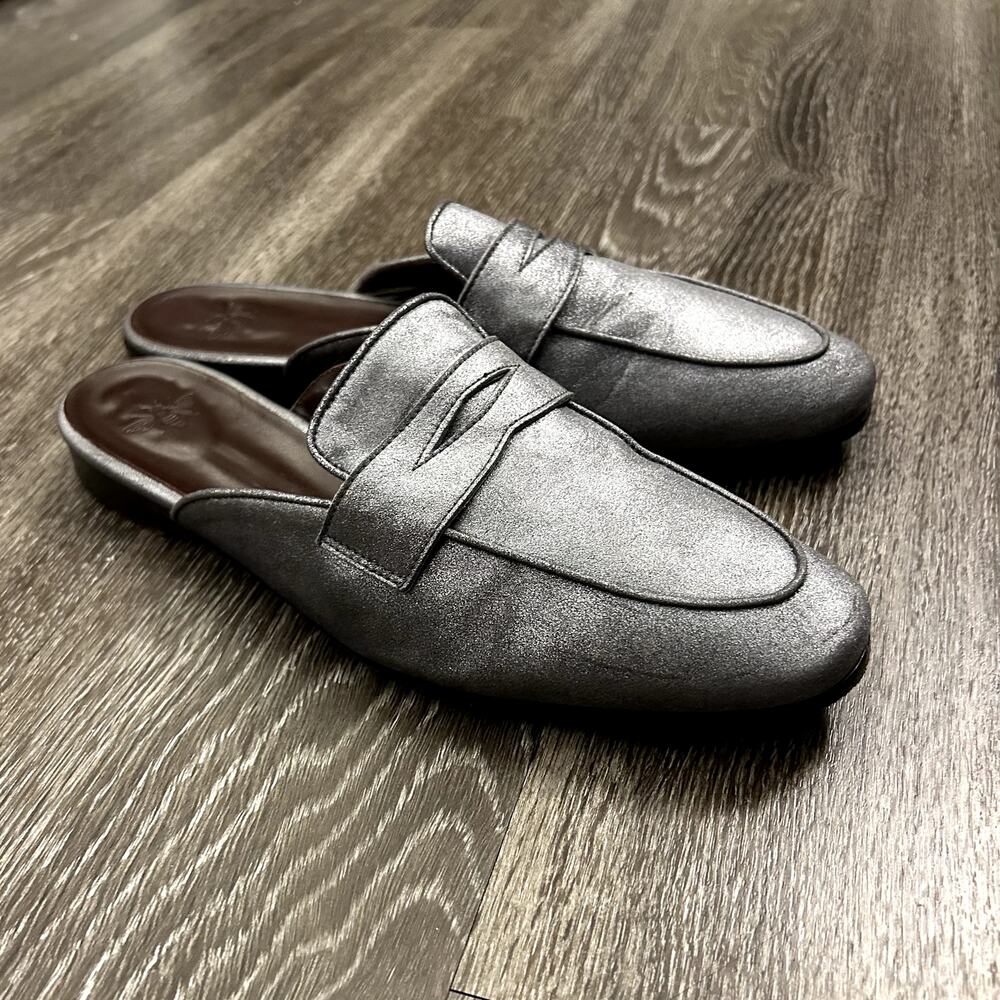 EUC Bougeotte Metallic Silver Leather Mule‎ Loafers Size 41 Italy Slip-On Flats